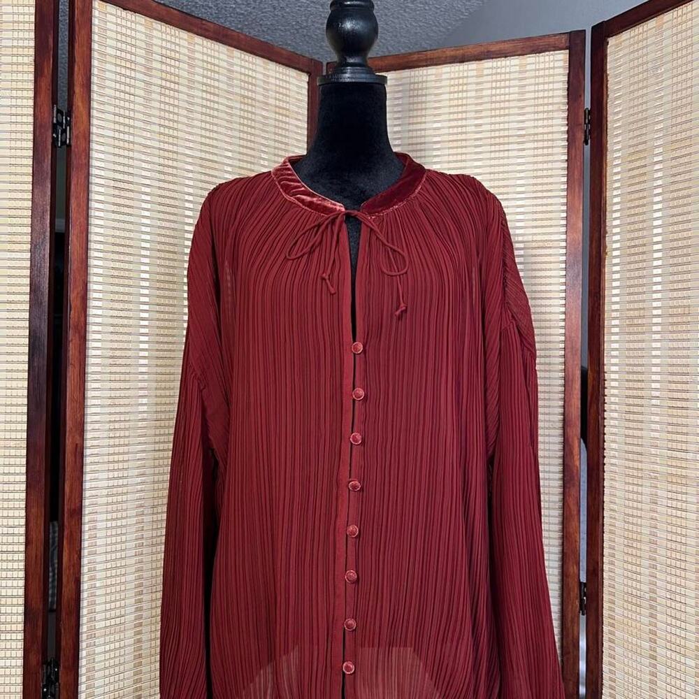 Free People Velvet Trim Pleated Blouse Top Brick Red Size L